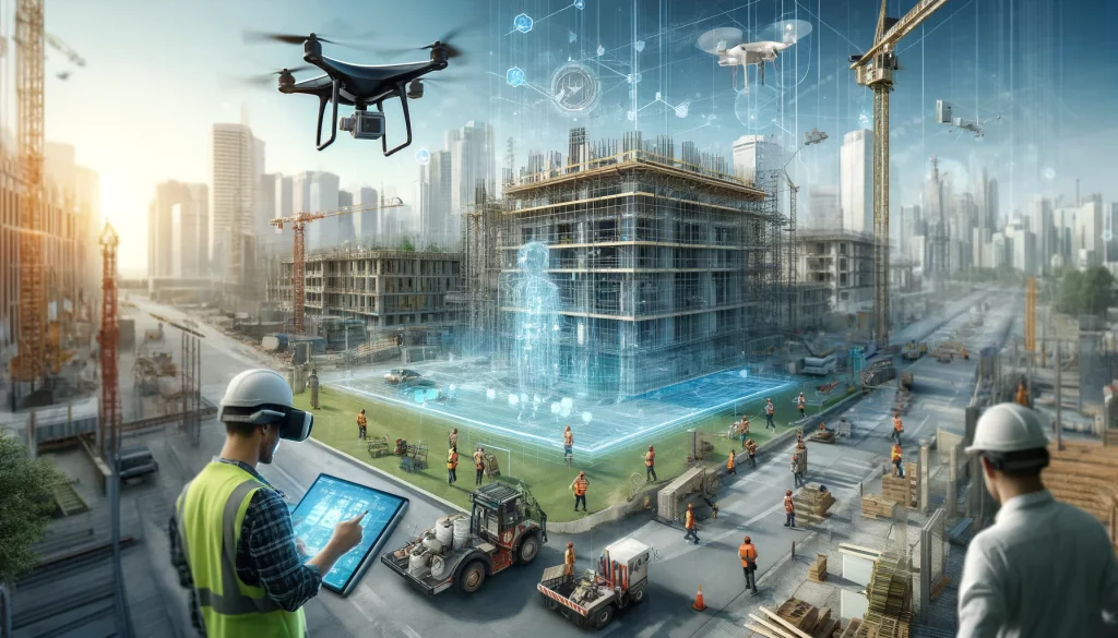 A realistic digital illustration for an article about the digital transformation in the construction industry. The image should show a modern construc