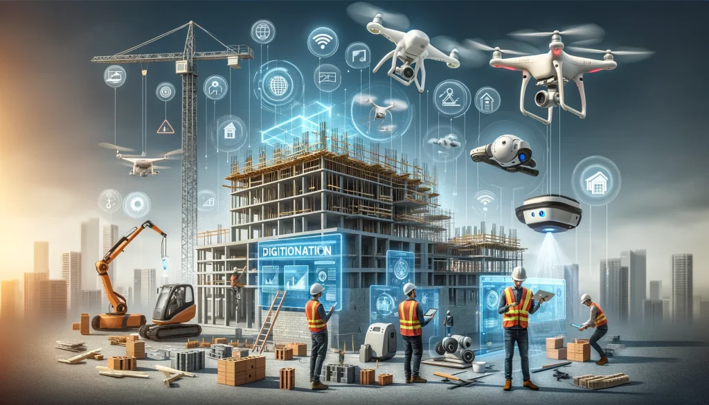 A conceptual infographic illustrating five key digitalization trends in the construction industry. 1. Building Information Modeling (BIM) systems in u