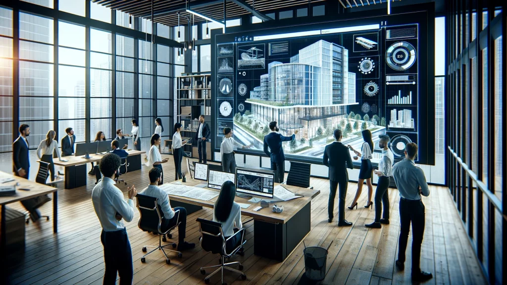 A modern and dynamic office environment with a diverse group of professionals working together around a large digital screen displaying a BIM (Buildin