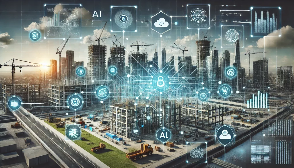 An image representing the digital transformation of the construction industry. The visual should have a modern construction site with buildings