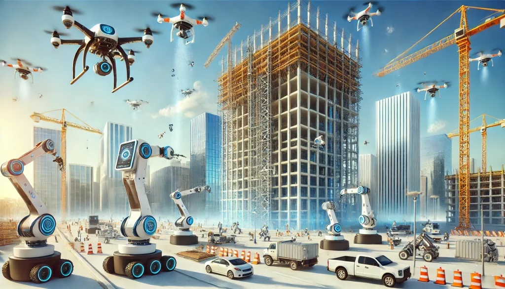 A futuristic construction site with advanced AI robots and drones actively working on a modern skyscraper. The scene features autonomous vehicles, rob